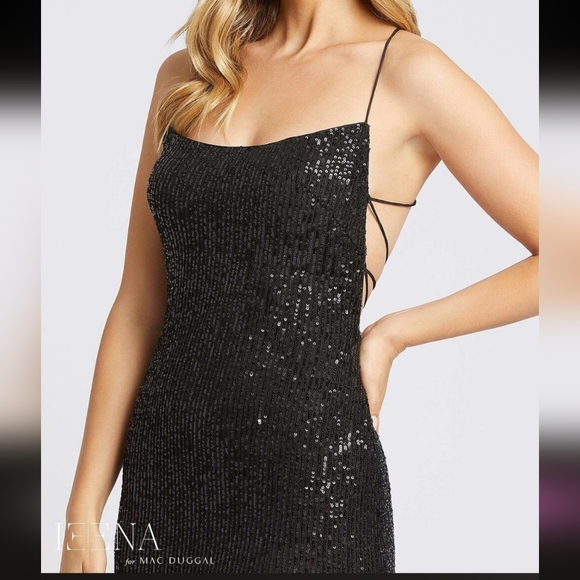 Mac Duggal Column Gown Black Allover Sequins Spaghetti‎ Straps Size 10 NEW!
